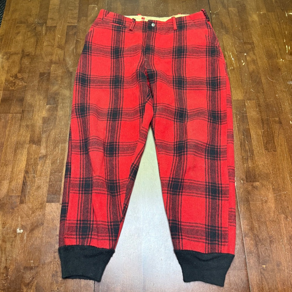 Hawthorne‎ Logger Pants Mens 36 Red Black Buffalo Plaid Wool Knit Cuffs Vintage